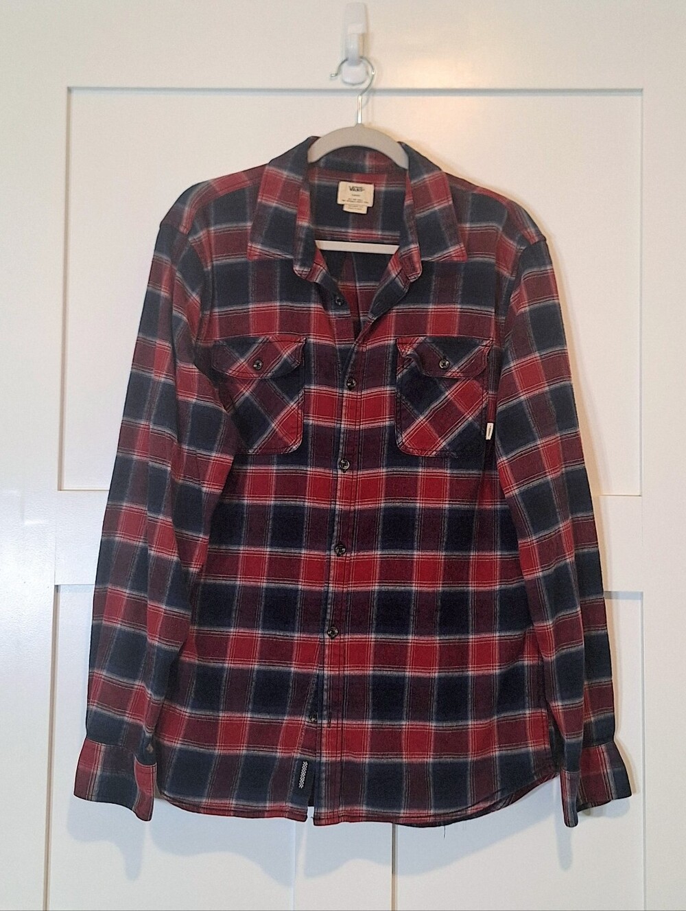 Vans Flannel Button Down Shirt     Red Navy Blue Plaid Cotton Stretch Size Large